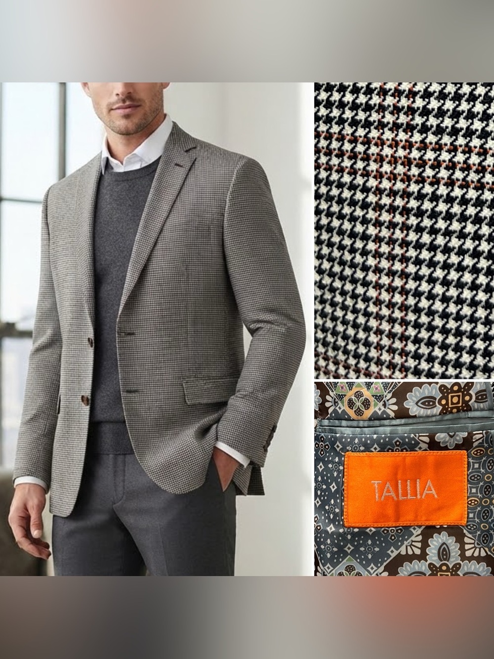 Tallia Men's 44R Beige Houndstooth Windowpane Plaid Wool Blazer Jacket